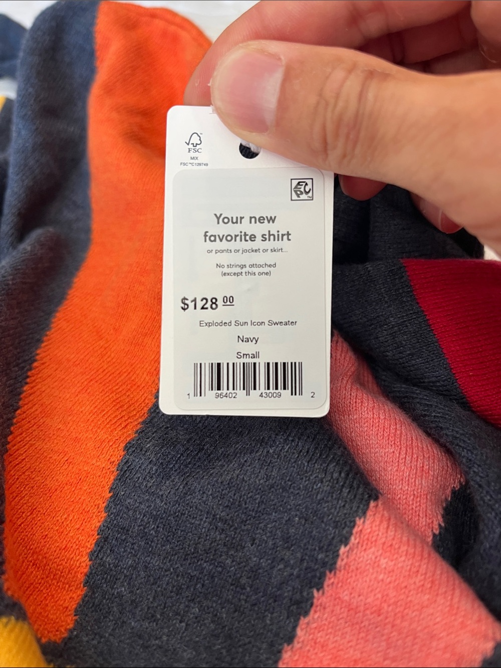 Marine Layer Navy Crewneck Sweater with Yellow, Red, Coral, Orange Sunburst - Picture 6 of 6
